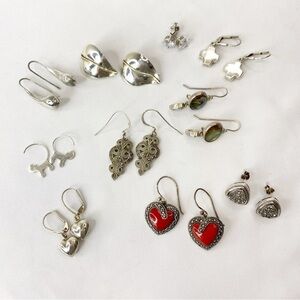 Lot of 10 Sterling Silver Vintage & Modern Earrings Crosses Hearts Cats